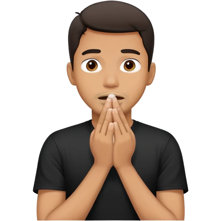 A man in a black t-shirt covering his mouth with his hands emoji