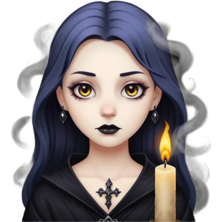 Pale woman with kohl-lined eyes staring through candle smoke, predatory calm, gothic fantasy mood emoji