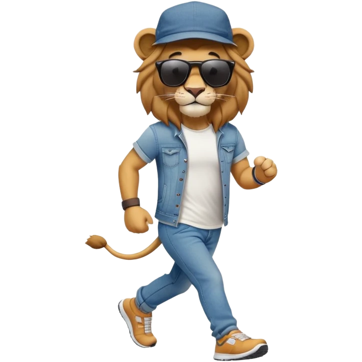 friendly anthropomorphised lion in jeans and a t-shirt, wearing dark sunglasses and a hat, jogging upright in standard pose emoji