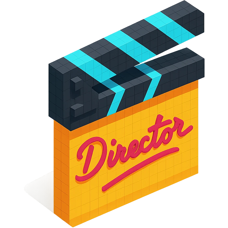 voxel style movie clapperboard with a cursive director's signature, isometric view emoji