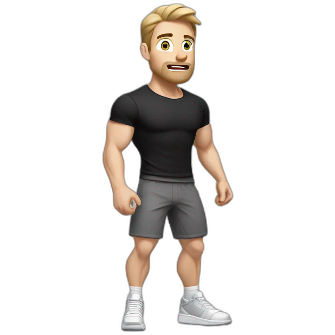 amazed In shock Pale skinned Fit Man With the biceps and dark brown hair in black shirt, gray sports shorts and white Sneakers emoji