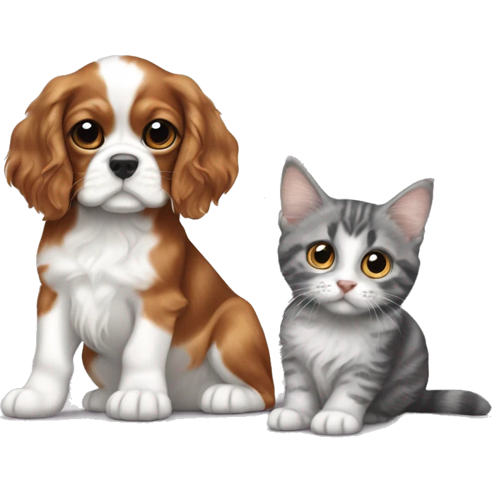 Cavalier King Charles Spaniel puppy sits next to a British gray tabby cat emoji