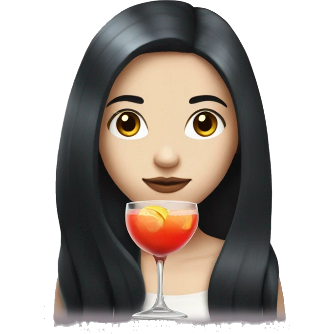 Pale girl with long black hair with chest holding cocktail emoji