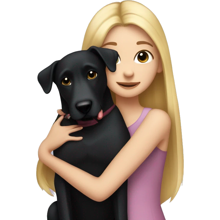Pretty blonde girl with long hair, hugging a black dog with pointy ears emoji