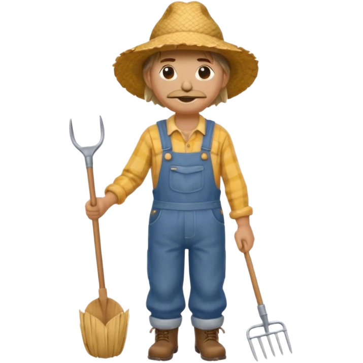Scarecrow, Dressed like a farmer with overalls, straw hat, and a rake tucked in one arm, body on stick emoji
