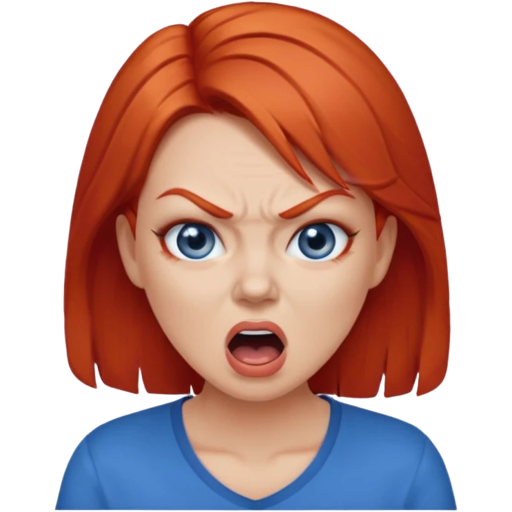 mujer pelirroja con los ojos y los labios maquillados enojada gritando con remera azul emoji