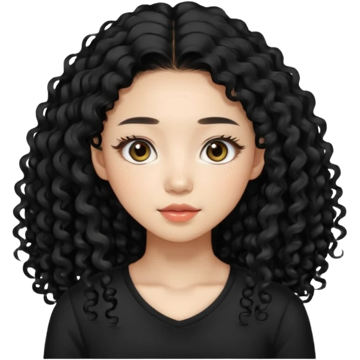 Korean woman with black cute long curly hair  with a black top with long lashes emoji