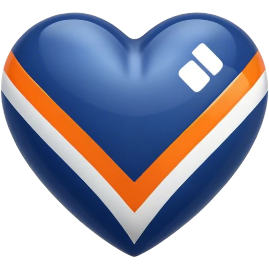 Glossy, sporty dark blue heart with diagonal white and orange athletic stripes going down one side emoji