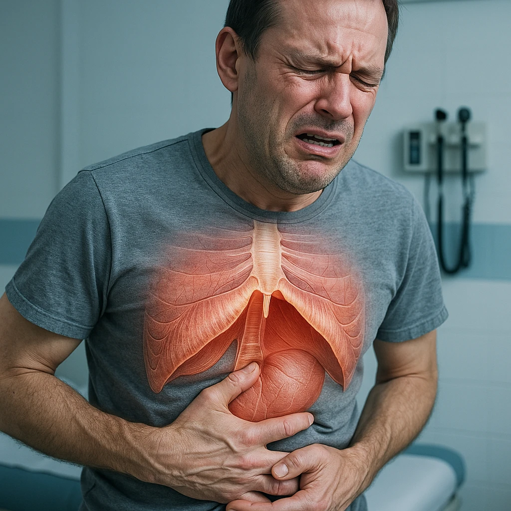hyper realistic adult man with diaphragm blocked due to stress, expression of pain, hand gripping abdomen, anatomical details, clinical environment, cold lighting emoji