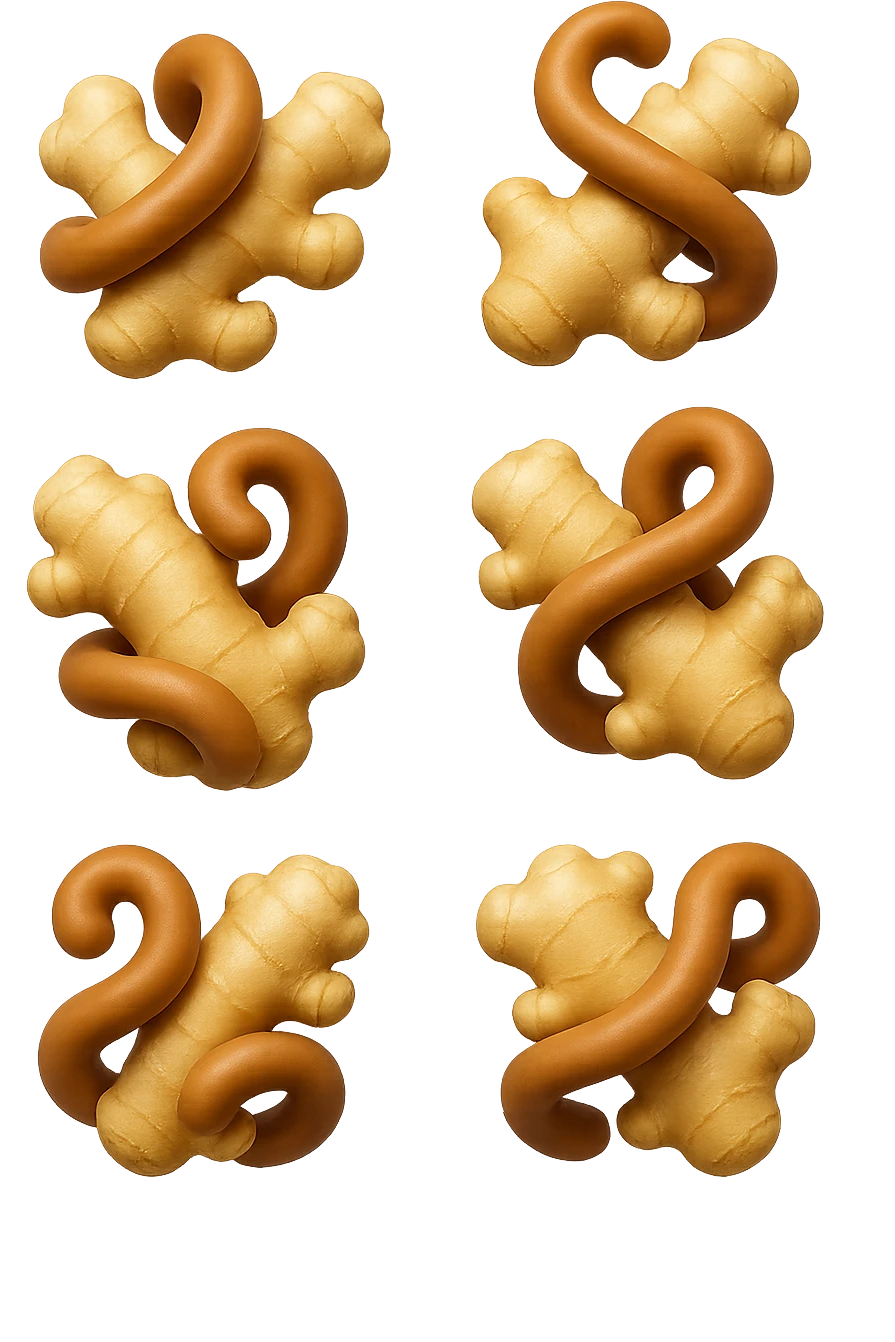 emoji stile iphone 3d di 6 piccoli pezzi di zenzero che fluttuano in aria con pezzi di colon arrotolati intorno, iperrealistico 4k emoji