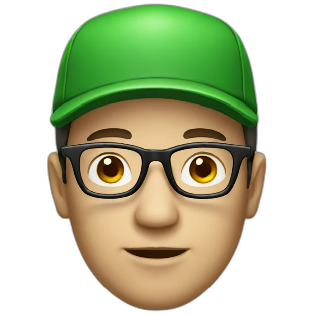 man with glasses a green hat with a white M emoji