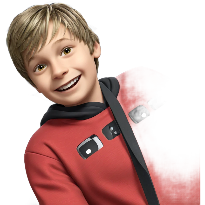 smiling boy with car emoji