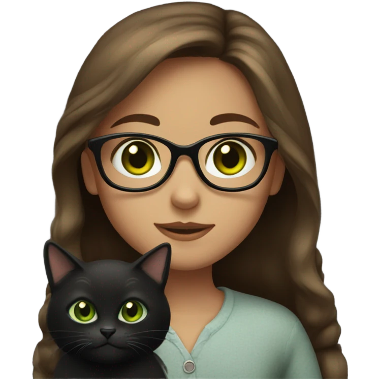 Girl with long brown hair and green eyes with glasses holding a black cat  emoji