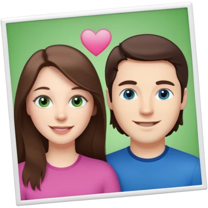 “A pink Polaroid-style photo of a couple: a white woman with long brunette hair and blue eyes, and a white man with short brunette hair and green eyes.” emoji