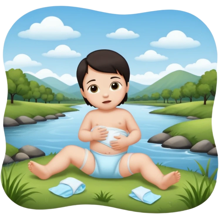 baby dark hair lying on ground by a river emoji