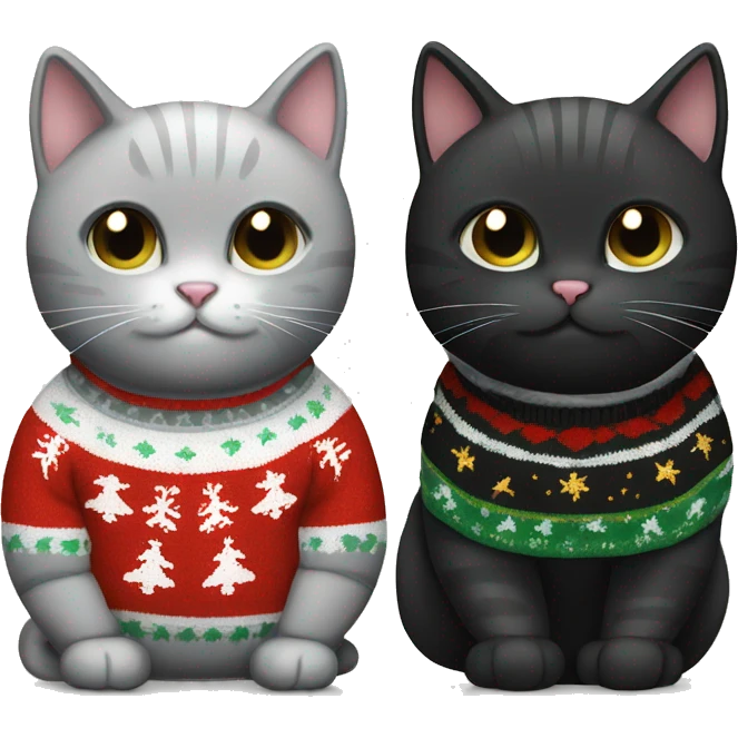Tiny Black cat and old grey/white cat in Christmas sweaters emoji