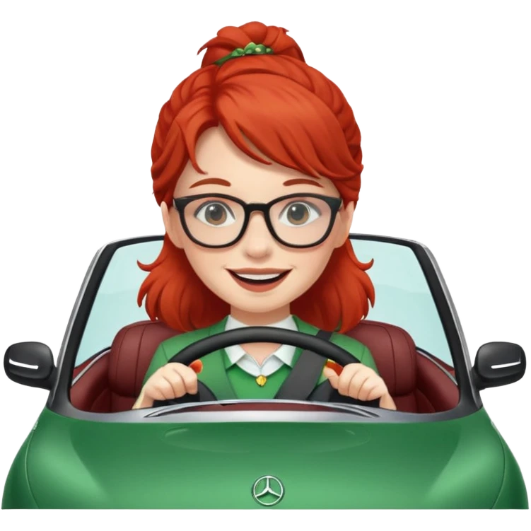 Irish red girl smile with glasses driving fast in a Mercedes convertible emoji