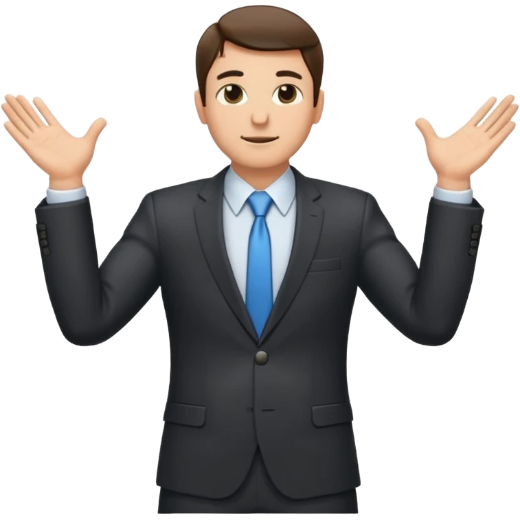 Sticker of a man in a business suit, front view, both arms extended in front of his body at waist level, below chest, hands low near the stomach, elbows slightly bent, palms facing inward as if holding an invisible box, not raised, not upward emoji
