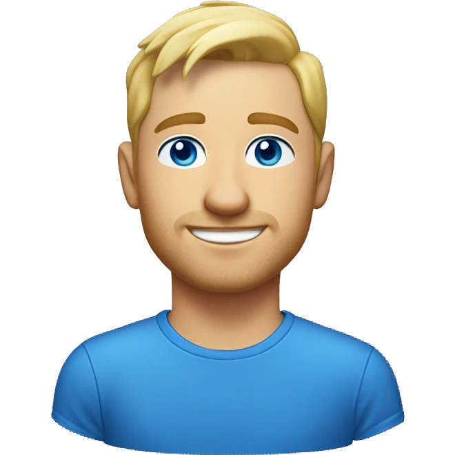 A head and shoulders shot of a 32 year old Caucasian man, with short blond hair,   with blue eyes wearing a t-shirt. emoji