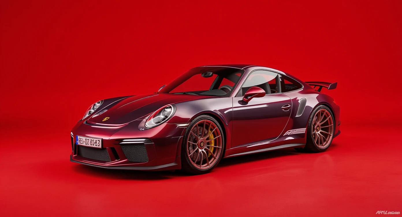 Medium shot of a porsche 911 made of russian capret, red solid studio background, low keu light, top soft light, dutch angle,  captured by arri alexa emoji