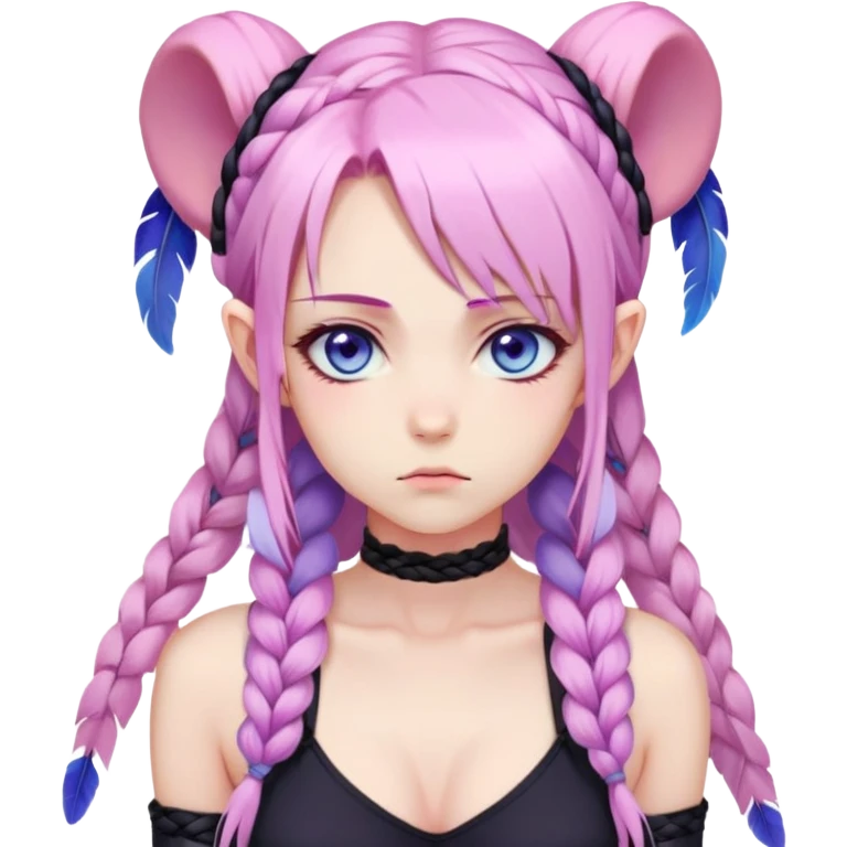 Gorgeous anime lady long-pale-pastel-pink-hair with one braid on each side, grumpy expression, purple-pink feather-ear-cuffs in hair, black bodysuit, blue eyes, pink iris, ethereal, fantasy, emoji