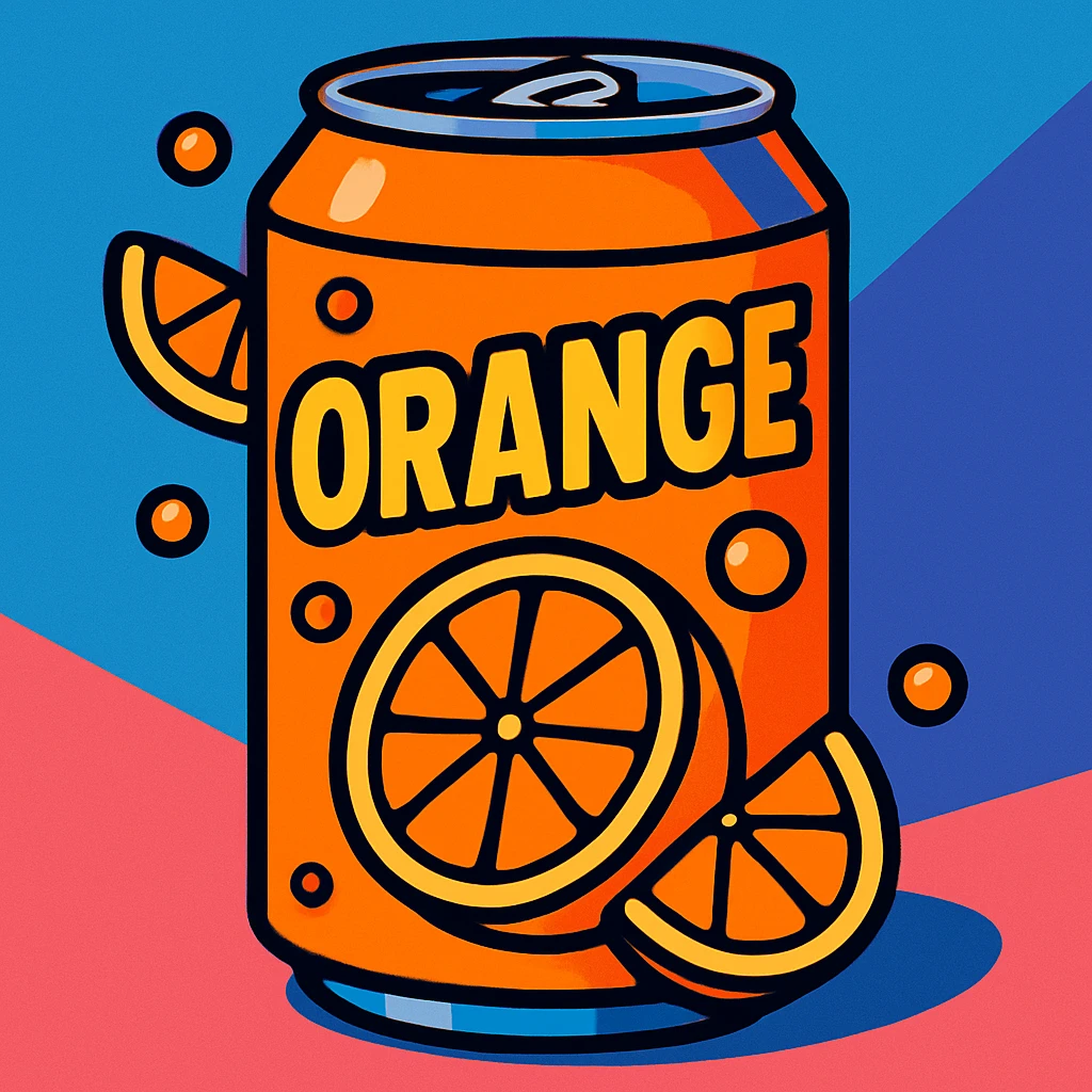clean, vibrant color cartoon illustration of a can of orange soda with orange slices, TikTok-inspired, minimal and trendy look, bold colors emoji