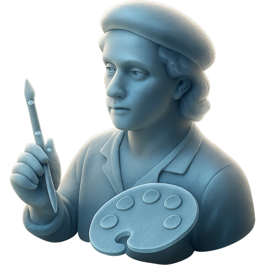 realistic 3D portrait of a painter artist with a lifelike face, holding a paintbrush and palette emoji