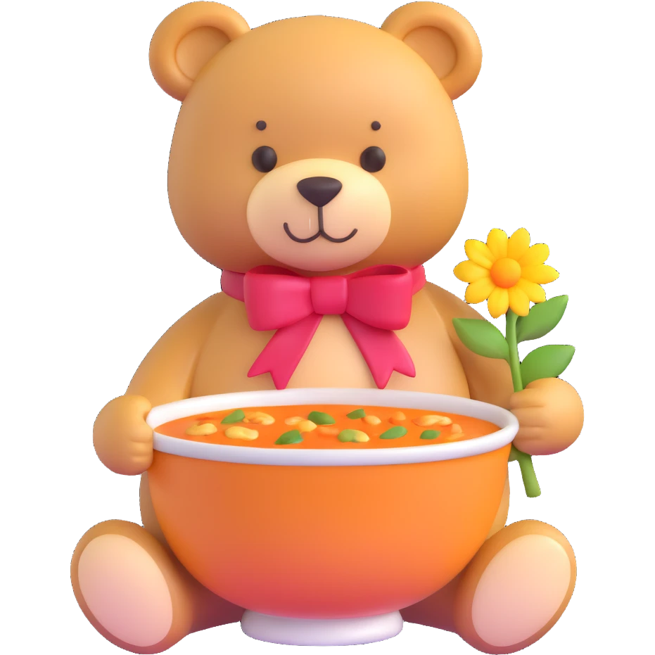 teddy bear with soup and flower emoji