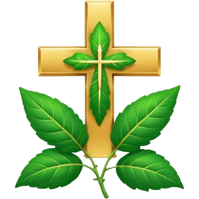 "A clean, friendly emoji of three vibrant green Tulsi (Holy Basil) leaves centered over a small, glowing golden cross or 'plus' sign, symbolizing healing. Simple, flat, 32x32 pixel icon style. Transparent background. Icon for natural healing and wellness." emoji