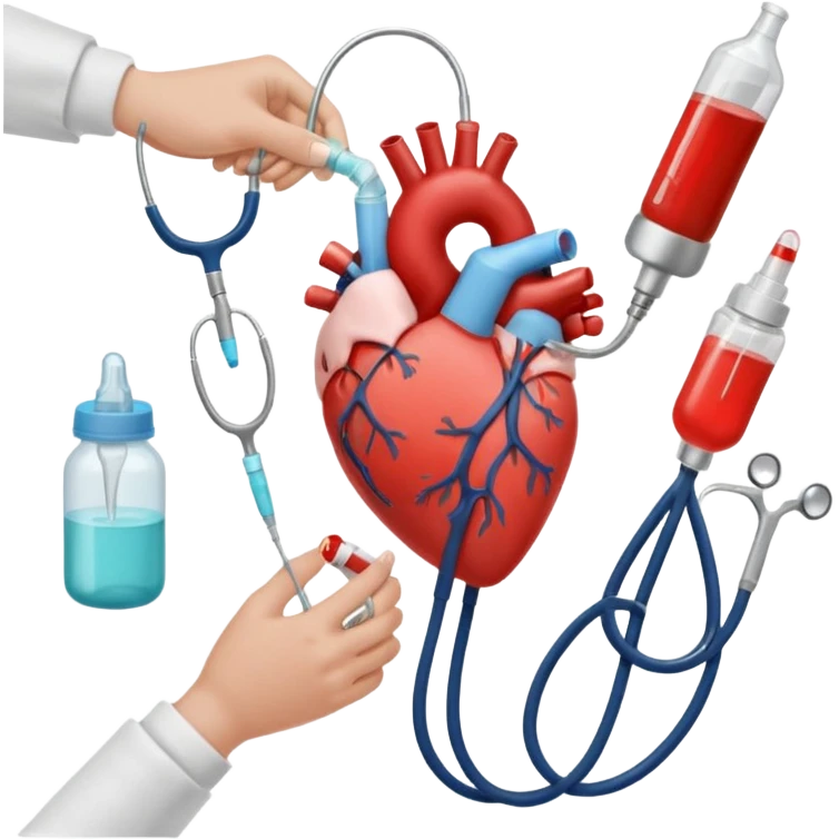 hands making a loveheart with background of stethescope, heel lancet, baby blood tubes, monitoring cables, baby bottle, cute scrapbooking paper,  emoji