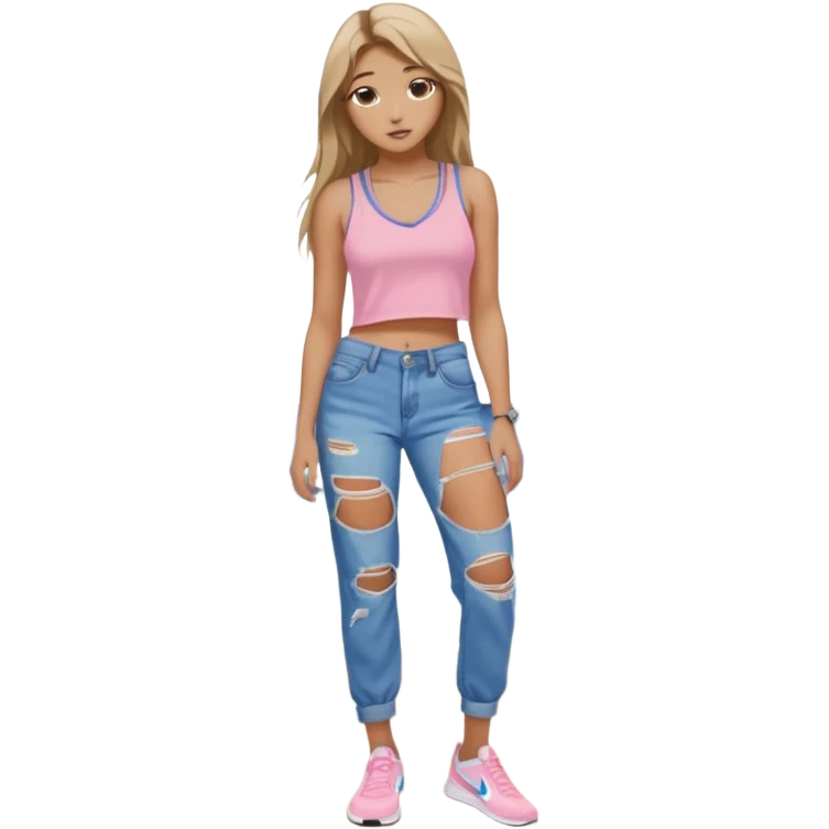 preppy teenage girl, tan, less blonde highlights, brown long hair, long eyelashes, beach aesthetic, wearing cute clothes, wearing ripped blue long baggy jeans with a light pink revealing low neck crop top, wearing Nike shoes, very sexy, long eyelashes, pretty emoji
