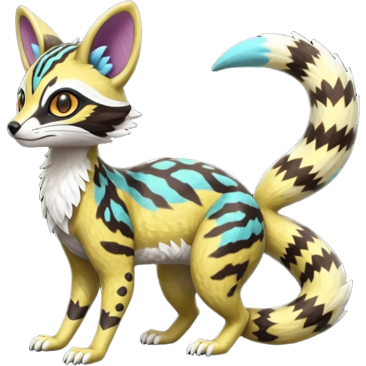 Rare realistic tropical exotic cute epic pretty beautiful handsome gorgeous aesthetic colorful vibrant Vernid-Protogen-Primagen-Wickerbeast-Genet-Trico-species-Fakemon-hybrid-creature by LiLaiRa, beautiful intricate markings, full body emoji