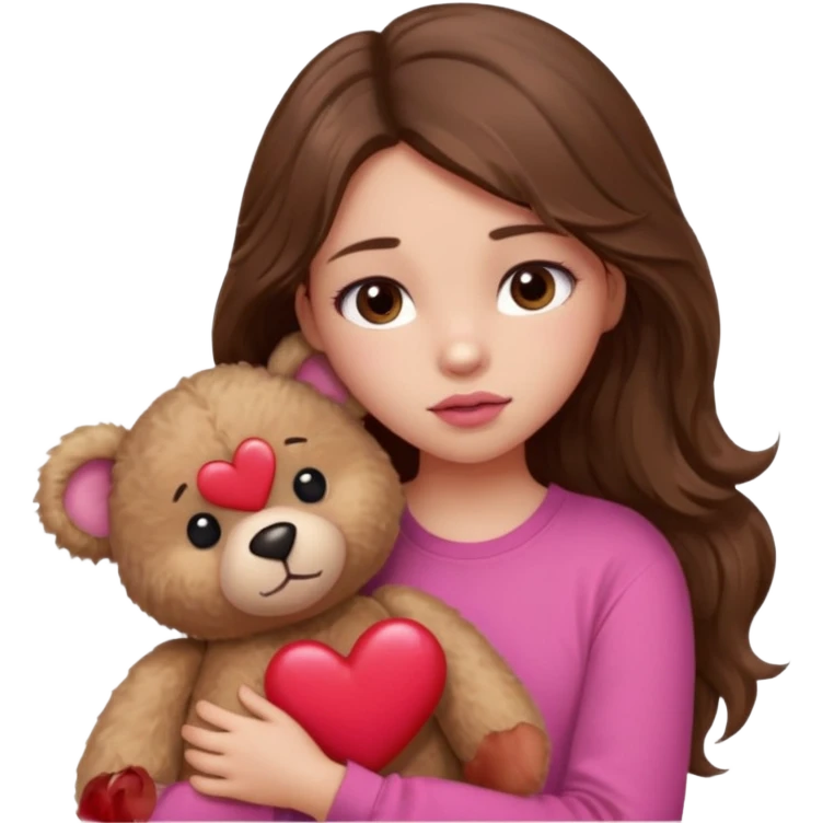 girl with long wavy brown hair, brown eyes, light to medium complexion, in a pink shirt, pink lips, long lashes, sad, hugging a teddy bear with a  heart emoji