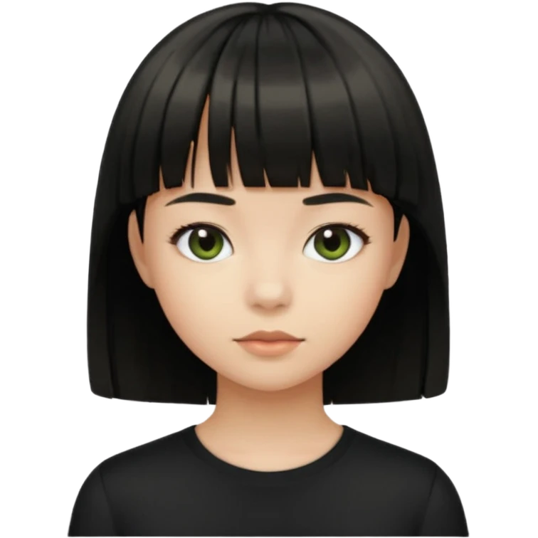 Emoji zombie girl verde com cabelo preto liso  curto com franja com uma blusa preta emoji