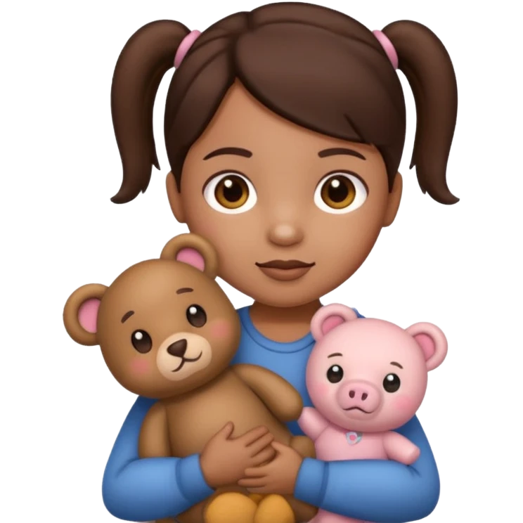 Toddler emoji with two pigtails dark brown hair holding stuff emoji
