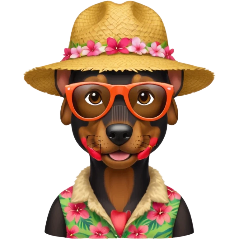doberman with sunglasses and straw hat, hawaii shirt emoji