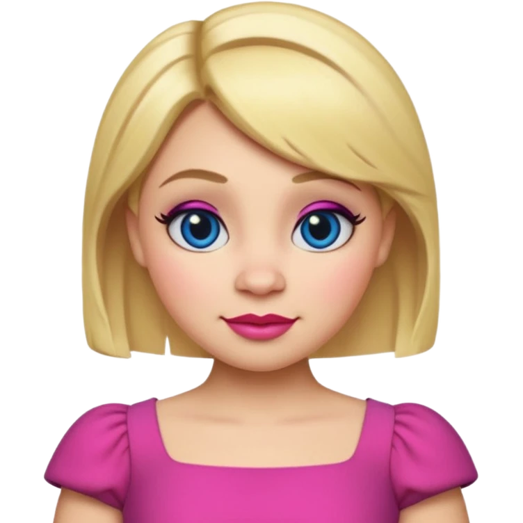 "Create an emoji-style character of Doris from Shrek — the tall barmaid with short blonde hair, bold makeup (blue eyeshadow, red lipstick), and a pink dress. Make her look confident and friendly, with a cartoonish round face and expressive emoji-like features. emoji
