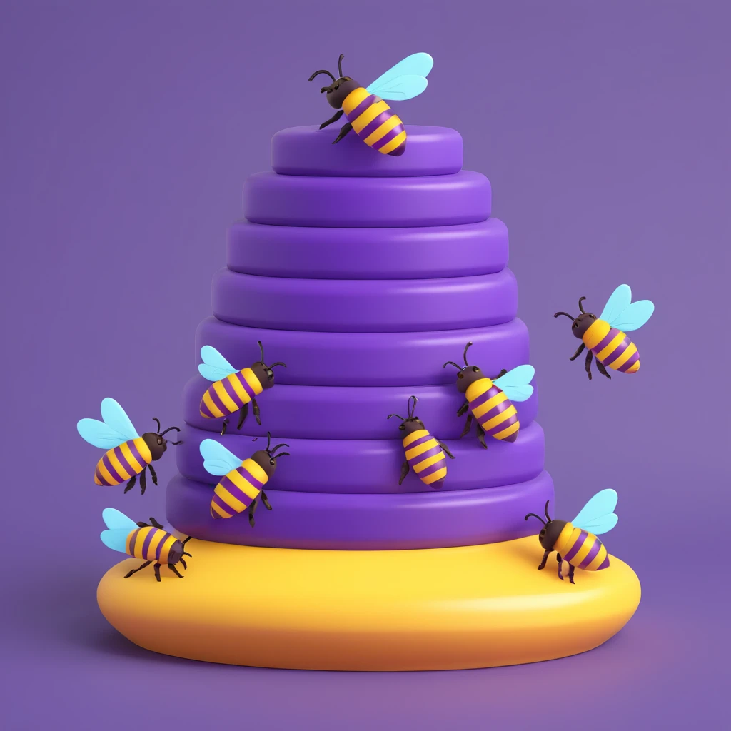 a purple beehive with five purple honeybees buzzing around, glossy and expressive, no text emoji
