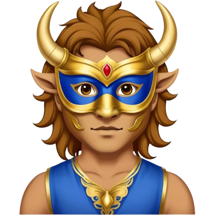 a man, with a Blue vest,  wear half-face golden Buffalo masquerade mask emoji