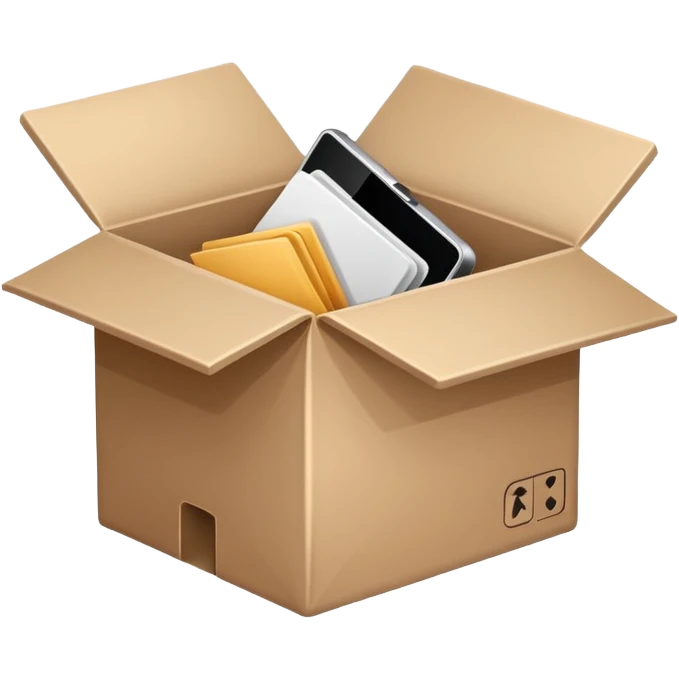 Minimalistic flat vector icon, iOS style, thin black contour on white background. Open box with old items being cleared out. Clean, modern, no text, no shadows emoji