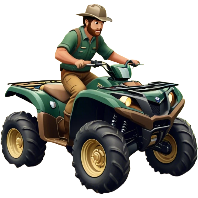 Yamaha Grizzly 700 (2019) – Cinematic-realistic Yamaha Grizzly 700 ATV, its dark green frame tearing through muddy trails. Thick off-road tires grip the rugged terrain as a farmer rides across the paddock, herding cattle with precision under a golden sunset. emoji