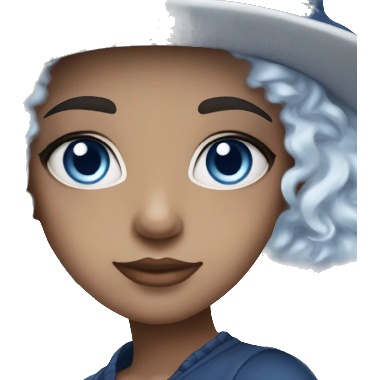 a girl with heterochromia, one eye is light blue and the right eye is dark blue, white short curly hair, with a small hat thats blue on the left side of her head, and is pretty, dark blue oufit, her hair is white with blue streaks in it￼ emoji