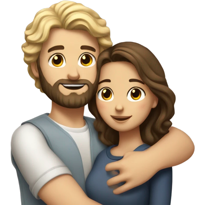 Brunette girl with wavy hair hugging blond boy whit a beard lovingly couple emoji