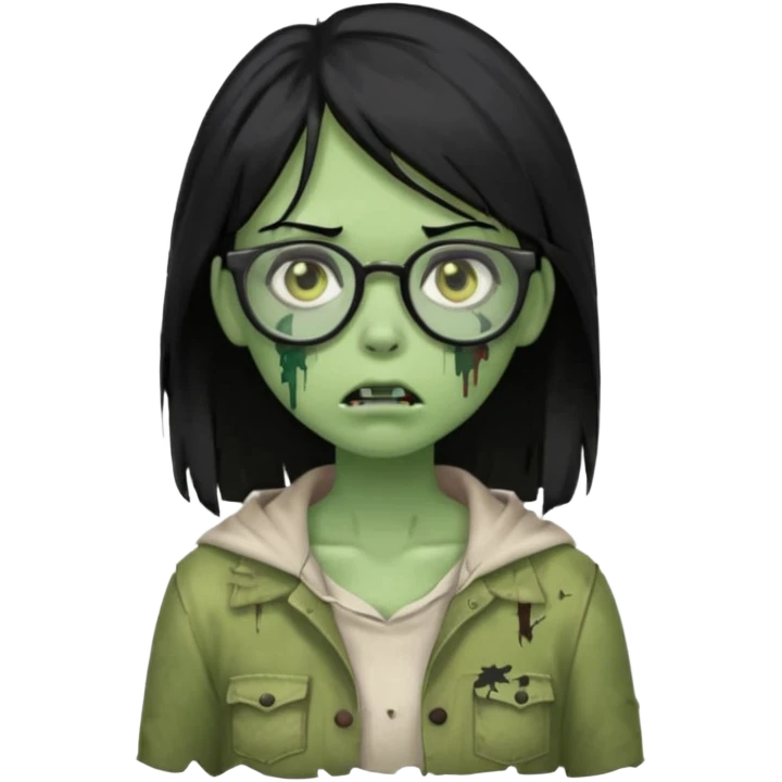 garota zumbi verde com o cabelo preto liso abaixo do ombro, que use óculos emoji