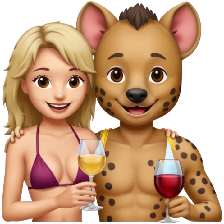 female hyena in bikini  with glass of wine on top of man emoji