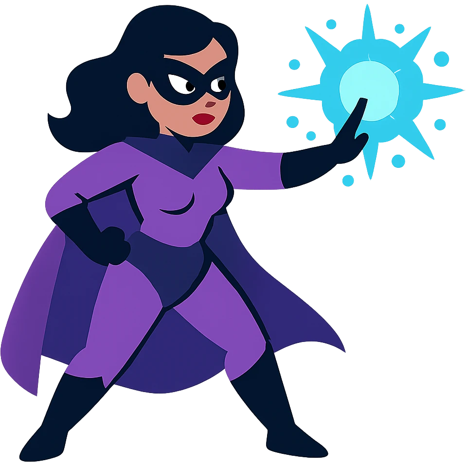 woman superhero in a soft purple and black suit, casting magic from her hand emoji
