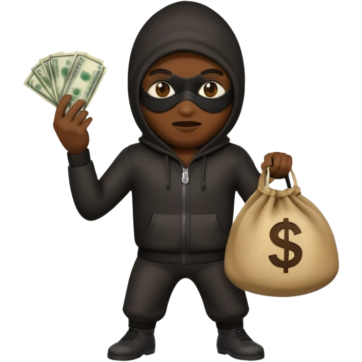 robber emoji, Google style, masked figure tiptoeing with money bag emoji