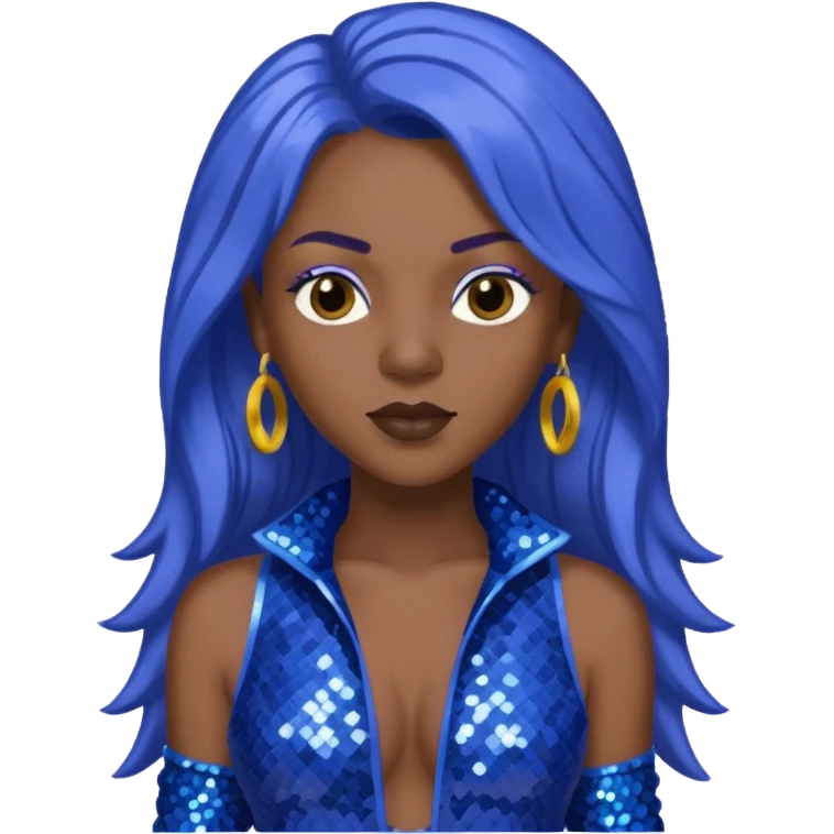 Spice, Dancehall Singer with dark skin, long periwinkle hair, blue sequin outfit emoji