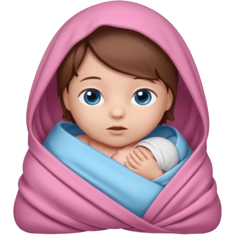 Newborn baby swaddled in pink, she has brown hair and blue eyes emoji