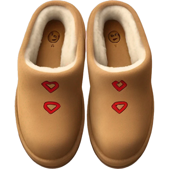 Ugg Camel slip-on slippers. A thin red zig-zag circling on cuff, VERY chunky platform sole. emoji